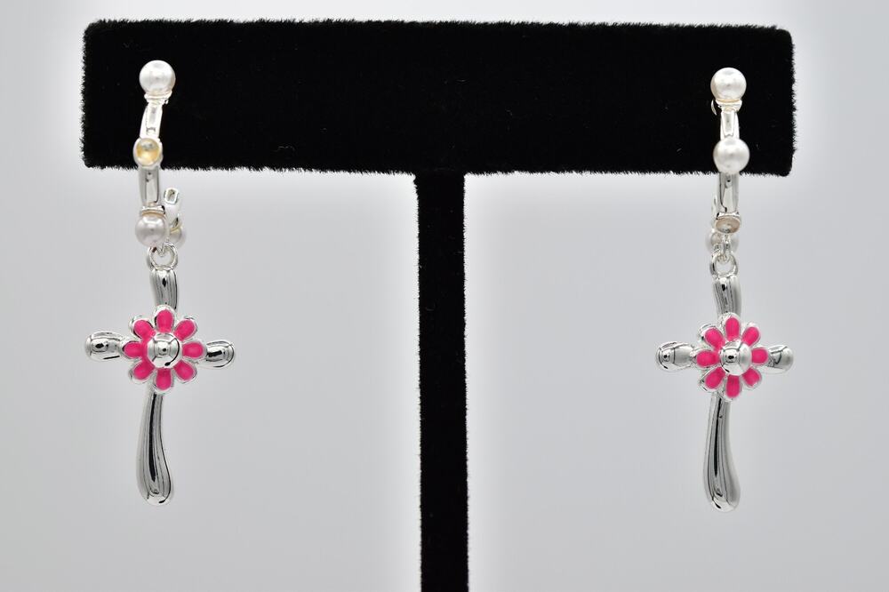Frou York Flower Cross Earrings Silver Tone Pink Enamel Y2K Dangle Signed BinAZ
